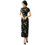 ACVIP Butterfly Brocade Short Sleeve Long Chinese Dress Cheongsam for Women (UK 12-Tag XXL, Black)