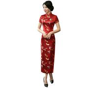 ACVIP Butterfly Brocade Short Sleeve Long Chinese Dress Cheongsam for Women (UK 10-Tag XL, Red)