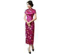 ACVIP Butterfly Brocade Short Sleeve Long Chinese Dress Cheongsam for Women (UK 8-Tag L, Rose Red)
