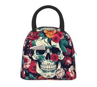 ACVnbm Flowers Skull Ornamental Print Large Insulated Lunch Bag,Work Lunch Box,Portable Lunchbox with Zippers & Front Pocket