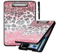 ACWDMKH Clipboard with Storage,Heavy Duty Plastic Storage Clipboard with Low Profile Clip,High Capacity Clip Boards,Teacher Must Haves,Office &Teacher Supplies,with a Pencil,Glitter Pink Cheetah