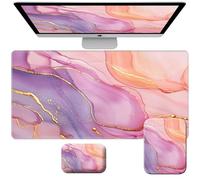 ACWDMKH Desk Mat,Large Gaming Mouse Pad with Wrist Rest,Long Extended Mousepad+Mouse Pad Small+Wrist Rest Set Ergonomic Office Computer Desk,Non-Slip Base & Stitched Edge,Pink Golden Marble