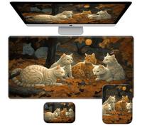 ACWDMKH Desk Mat,Large Gaming Mouse Pad with Wrist Rest,Long Extended Mousepad+Mouse Pad Small+Wrist Rest Set Ergonomic Office Computer Desk,Non-Slip Base & Stitched Edge,Cute Cat Autumn