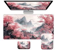 ACWDMKH Desk Mat,Large Gaming Mouse Pad with Wrist Rest,Long Extended Mousepad+Mouse Pad Small+Wrist Rest Set Ergonomic Office Computer Desk,Non-Slip Base & Stitched Edge,Cherry Blossom Landscape