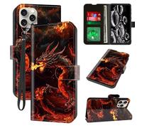 ACWDMKH for iPhone 16 Pro Max Case with Card Holder & Kickstand & Wrist Strap for Women Wallet Folio Leather Magnetic Protective Shockproof Phone Case for iPhone 16 Pro Max,Cool Red Dragon