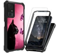 ACWDMKH for Lively Jitterbug Smart 4/Jitterbug Smart4 Phone Case with Screen Protector Tempered Glass Dual Layer Structure Protection Shockproof Corner TPU Bumper Cover,Pink Black Cat