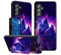 ACWDMKH for Samsung Galaxy S25 FE Case with Card Holder & Kickstand Slim Wallet Dual Layer Hybrid TPU Hard PC Shockproof Heavy Duty Rugged Protective Cute Cover for Women,Blue Purple Wolf