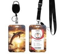 ACWDMKH Lanyards for ID Badges,Plastic ID Badge Holder with Retractable Reel Clip,Detachable Keychain,Heavy Duty Vertical Card Protector Case for Women Teacher Nurse Office,Dolphin Sunset