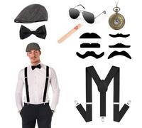 ACWOO 1920s Mens Costume Accessories, 1920s Fancy Dress for Men, 20s Halloween Cosplay Accessories, Mafia Gatsby Gangster Costume Set with Hat Suspenders Pocket Watch, Mens Clothing Accessories