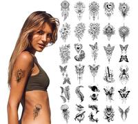 ACWOO 30 Sheets Temporary Tattoos Mandala Flowers Tattoos for Women Men | Realistic Removable Body Art Stickers, Waterproof Black large Jellyfish Butterfly Fake Stickers for Arm Legs Back