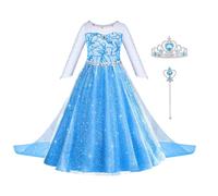 ACWOO Elsa Princess Costume, Elsa Costume Dress with Fairy Wand and Crown Tiara, Fancy Dress for Girls, Deluxe Shining Snow Queen Fancy Dress for Christmas, Party, Cosplay, Birthday, Halloween