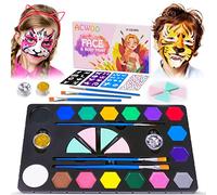 ACWOO Face Paints, 16 Colors Professional Face Body Painting Kit with 1 Gem Sheet, 2 Glitters, 3 Stencils, 3 Brushes, 4 Sponges, Water Based Face Paint for Halloween, Party, Cosplay