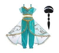 ACWOO Jasmine Princess Costume for Girls, Aladdin Princess Costume with Wig, Jasmine Fancy Dress Up Outfit Set, Arabian Princess Sequined Cosplay Outfit for Cosplay Birthday Halloween Party Carnival