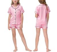 ACWOO Kids Silk Satin Pyjamas, 2PCS Girls Boys Long Short Sleeve Satin Pyjamas Sets Including Tops + Pants, Button-Down Silky Pjs Nightwear, Soft Silky Nightwear Sleepwear for Kids 10-13Years Pink