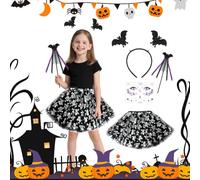 ACWOO Kids Skeleton Costume, 4PCS Halloween Skeleton Tutu Skirt Suit Costumes Set with Magic Wand and Headband, Stickers, Skeleton Fancy Dress Outfit for Halloween Carnival Party Dress up Cosplay