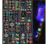 ACWOO Neon Temporary Tattoos, 20PCS 200+ Multiple Designs Glow in the Dark Fake Waterproof Tattoo Stickers Rave Festival Accessories for Women Girls Party Supplies