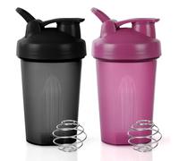ACWOO Protein Shaker Bottle with Stainless Steel Mixing Ball 500ml, 2pcs Protein & Supplement Shaker Bottle, BPA Free Protein Shake Bottle, Leak Proof Flip Flop Lid Shake Bottle Mixer, Black + Purple