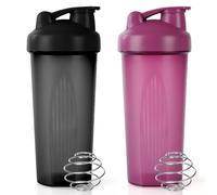 ACWOO Protein Shaker Bottle with Stainless Steel Mixing Ball 600ml, 2pcs Protein & Supplement Shaker Bottle, BPA Free Protein Shake Bottle, Leak Proof Flip Flop Lid Shake Bottle Mixer, Black + Purple
