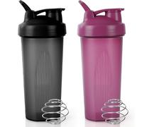 ACWOO Protein Shaker Bottle with Stainless Steel Mixing Ball 600ml, 2pcs Protein & Supplement Shaker Bottle, BPA Free Protein Shake Bottle, Leak Proof Flip Flop Lid Shake Bottle Mixer, Black + Purple