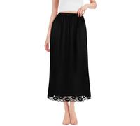 ACWOO Women's Satin Half Slips, Soft Lace Long Underskirt, Elastic Waist Half Slips Long Skirt Petticoat, Black Lace Waist Slips for Under Dresses, Ladies Underdress