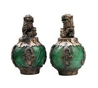 Acxico 1Pairs Exquiste Chinese Silver Dragon Inlaid Jade Hand Carved Lion Statue