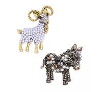 Acxico 2Pcs Fashion Alloy Pearl Goat Brooch and Fun Donkey Brooches Animal Pin Funny Cute Cartton Style Kid Gift, White , Black, Pearl