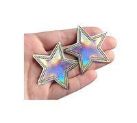 Acxico 2Pcs Holographic Silver Star, Iridescent Iron-On/Sew-On Embroidered Patch Applique