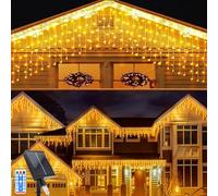 Acxilexy Solar Icicle String Lights Outdoor, 16Ft 128 LEDs Christmas Icicle Lights with 16 Drops, Remote Control, IP65 Waterproof 8 Lighting Modes Curtain Lights for Window, Xmas, Garden Decoration