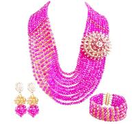 aczuv 10 Rows Fashion African Wedding Beads Nigerian Beaded Jewelry Set Bridal Party Jewelry Sets, 18 inches first layer, Glass, Crystal