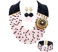 aczuv African Beaded Jewelry Set, Crystal Necklace with Brooch, Bracelet and Earrings, Traditional Multi-Layered Design, 18inches, Crystal Glass Beads Metal, No Gemstone