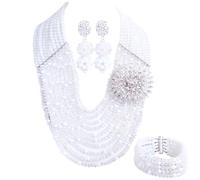 aczuv African Beaded Jewelry Set, Crystal Necklace with Brooch, Bracelet and Earrings, Traditional Multi-Layered Design, 18inches, Crystal Glass Beads Metal, No Gemstone