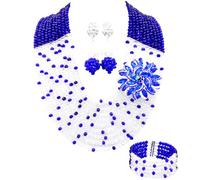 aczuv African Beaded Jewelry Set, Crystal Necklace with Brooch, Bracelet and Earrings, Traditional Multi-Layered Design, 18inches, Crystal Glass Beads Metal, No Gemstone