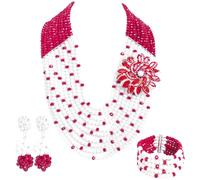 aczuv African Beaded Jewelry Set, Crystal Necklace with Brooch, Bracelet and Earrings, Traditional Multi-Layered Design, 18inches, Crystal Glass Beads Metal, No Gemstone
