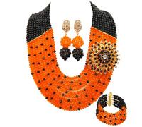 aczuv African Beaded Jewelry Set, Crystal Necklace with Brooch, Bracelet and Earrings, Traditional Multi-Layered Design, 18inches, Crystal Glass Beads Metal, No Gemstone