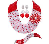 aczuv African Beaded Jewelry Set, Crystal Necklace with Brooch, Bracelet and Earrings, Traditional Multi-Layered Design, 18inches, Crystal Glass Beads Metal, No Gemstone