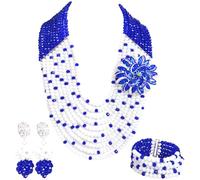 aczuv African Beaded Jewelry Set, Crystal Necklace with Brooch, Bracelet and Earrings, Traditional Multi-Layered Design, 18inches, Crystal Glass Beads Metal, No Gemstone