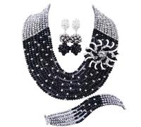 aczuv African Beaded Jewelry Set, Crystal Necklace with Brooch, Bracelet and Earrings, Traditional Multi-Layered Design, 18inches, Crystal Glass Beads Metal, No Gemstone