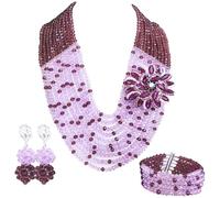 aczuv African Beaded Jewelry Set, Crystal Necklace with Brooch, Bracelet and Earrings, Traditional Multi-Layered Design, 18inches, Crystal Glass Beads Metal, No Gemstone