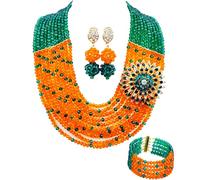 aczuv African Beaded Jewelry Set, Crystal Necklace with Brooch, Bracelet and Earrings, Traditional Multi-Layered Design, 18inches, Crystal Glass Beads Metal, No Gemstone