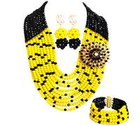 aczuv African Beaded Jewelry Set, Crystal Necklace with Brooch, Bracelet and Earrings, Traditional Multi-Layered Design, 18inches, Crystal Glass Beads Metal, No Gemstone