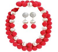 aczuv Nigerian Wedding African Beads Red Jewelry Sets for Women Simulated Pearl Necklace and Earrings, 18 inches necklace 8 inches bracelet, Glass, plastic