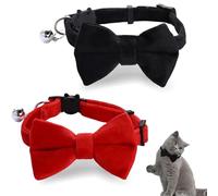 Aczyqws 2 Pcs Velvet Bowtie Cat Collar with Bell Adjustable Breakaway Cat Collars Kitten Small Puppy Safety Bow Tie Solid Wedding Red Cat Collar for Boy Girl Cats
