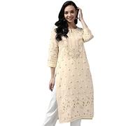 Ada Indian Chikankari Hand Embroidered Women's Straight Cotton Kurti Kurta Tunic Dress A411182 (Cream, XL)