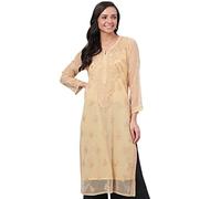 Ada Indian Hand Embroidered Chikankari Straight Georgette Kurti Kurta with Slip for Women A130702 (Fawn, M)