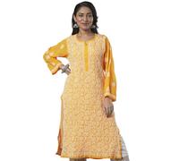 Ada Women's Georgette Kurta Kurti Hand Embroidered Indian Chikankari Ladies Tunic Dress A100288, S, Yellow