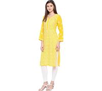 Ada Women's Georgette Kurta Kurti Hand Embroidered Indian Chikankari Ladies Tunic Dress A100288, XL, Yellow