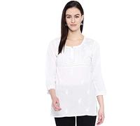 Ada Women's Straight Cotton Top Tunic Indian Handcrafted Chikan Kurti Shirt Blouse A100237, 3XL, White