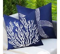 Adabana Spring Outdoor Waterproof Coastal Pillow Covers 18x18 Inch Set of 2 Nautical Starfish Coral Throw Pillow Covers Sunmmer Farmhouse Decorations for Beach Patio by The Pool, Navy Blue