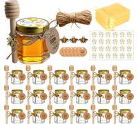 Adabocute 1.5 oz 20 pack Hexagon Mini Glass Honey Jars with Wood Dippers, Gold Lids, Bee Pendants, Jutes, Golden Gift Bags - Perfect for Baby Shower, Wedding Favors, Party Favors