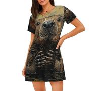 ADAhgu Beaver Print Stylish Short Sleeve Nightdress Round Neck Elegance Sleepwear Fits All Body Types Black